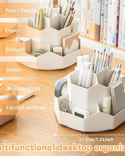 Pencil Pen Holder for Desk,9 Slots 360 Degree Rotating Desk Organizers,Desktop Storage Stationery Supplies Organizer, Cute Pencil Cup Pot For Office, School, Home(White)