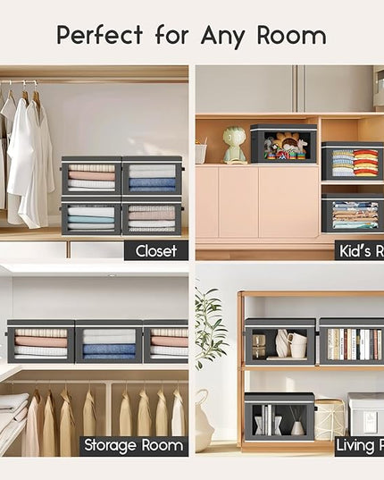 Collapsible Storage Bins with Lids - Stackable Storage Containers with Window, 3 Pack Fabric Bins for Closet, Home & Office Organization Baskets, Dark Gray, 14.9" x 9.8" x 9.8"