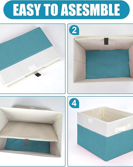 Large 22 Quart Linen Fabric Foldable Storage Bin Cube Organizer Basket with Flip-Top Lid & Handles, Clothes Blanket Box for Home, Office, Closet, Teal & White, 4 Pack 14.6 x 9.5 x 9.5