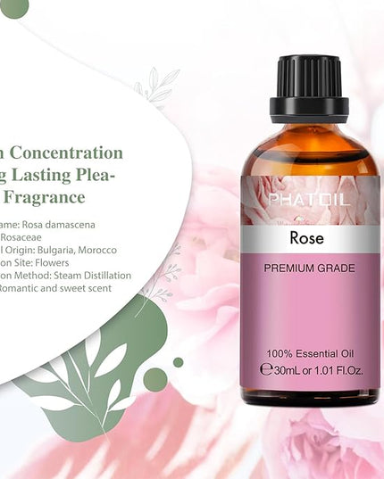Rose Essential Oil, 1.01Fl.Oz (30ML) PHATOIL Pure Essential Oil Singles for Aromatherapy Diffusers, Humidifiers, Great for DIY Candle and Soap Making, Gift for Friend