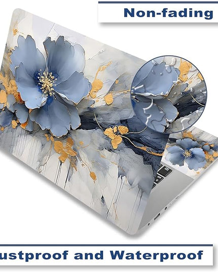 Laptop Skin Sticker Decal Cover, 11.6”12" 13" 13.3" 14" 15" 15.4" 15.6" Laptop Netbook Skin Sticker Cover Art Notebook Protector (2 Wrist Pad Included), Easy to Apply & Removable, Blue Silver Flower