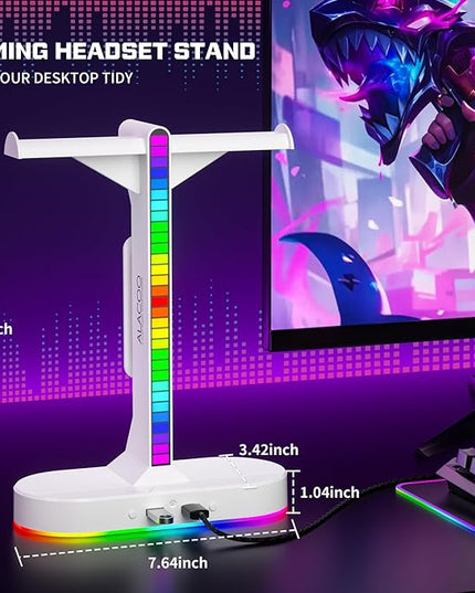 Cool RGB Headphone Stand with Charging Station - Sleek Dual Headset Holder, 3 USB Ports & 3.5mm Audio, 8 Light Modes | Ultimate Gaming Gift for Men, Boyfriend, Teen Boys - Modern White Design