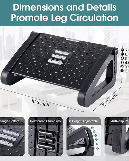 Foot Rest, Six Heights Adjustable Foot Rest for Under Desk at Work, Ergonomic Foots Stool for Under Office Desks, Under Desk Footrest with Foot Massage Roller, Chair Footrest for Leg Rests