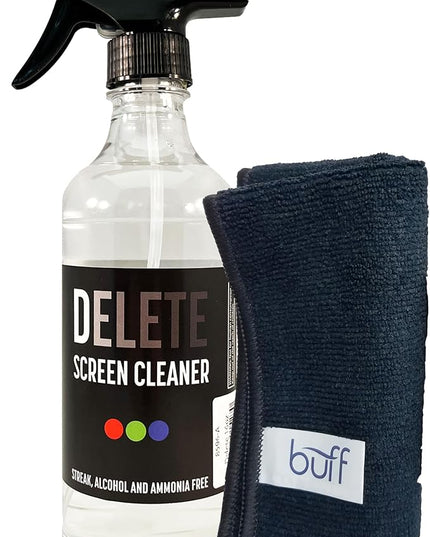 Delete Screen Cleaner Spray Kit, 16oz Bottle and 12"x12" Microfiber Cleaning Cloth, Streak-Free, Safe and Gentle Formula, Multi-Purpose for Devices, Large TVs, Computers, Monitors, Smart Phones