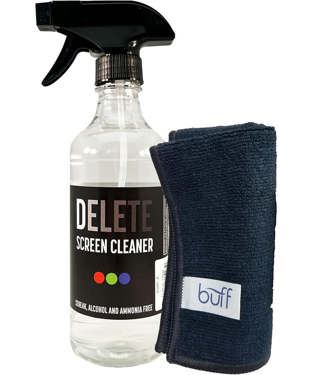 Delete Screen Cleaner Spray Kit, 16oz Bottle and 12"x12" Microfiber Cleaning Cloth, Streak-Free, Safe and Gentle Formula, Multi-Purpose for Devices, Large TVs, Computers, Monitors, Smart Phones
