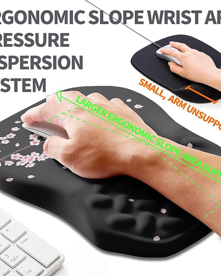 Ergonomic Slope Mouse Pad Wrist Support, Wrist Rest Mousepad for Carpal Tunnel Pain Relief with Massage Bulge and Slow Rebound Memory Foam (12x8 inch, Pink Blossom)