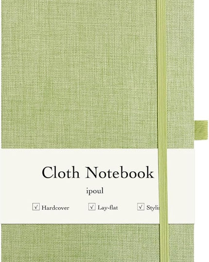 ipoul A5 Notebook, Linen Journal, 8x6, Lined Page, Journal for Writing, Hardcover, Lay Flat, Elastic Closure & Pen Loop, Green