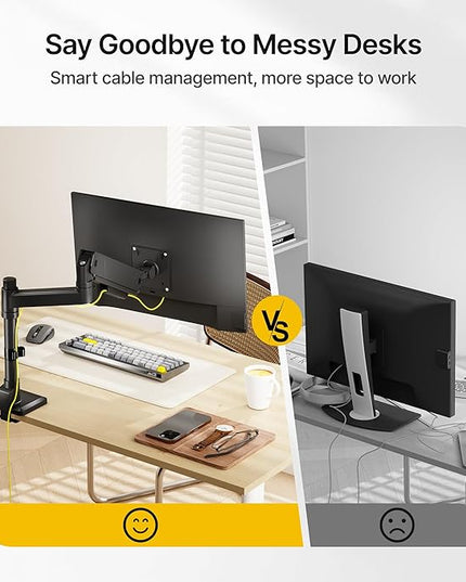 monTEK Tall Single Monitor Arm for 17 to 45 Inch Curved Screen Adjustable Upgraded Heavy Duty Ultrawide Monitor Arm Holds 35 Lbs Cable Management with C Clamp, Grommet Base, VESA 75/100mm, MA1007PBK