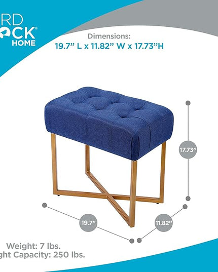 BIRDROCK HOME Rectangular Tufted Foot Stool Ottoman with Soft Padded Cushion - Versatile Vanity Chair for Bedroom, Living Room, Bathroom - Compact Seating for Adults - Blue with Pale Gold Metal Legs
