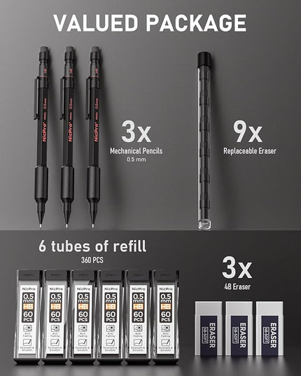 Nicpro 0.5 mm Mechanical Pencil Set with Case, 3PCS MP2000 Metal Artist Mechanical Pencil With 6 Tube HB Lead Refills, Eraser, Weatherproof Barrel for Outdoor Writing Drafting Drawing Sketching