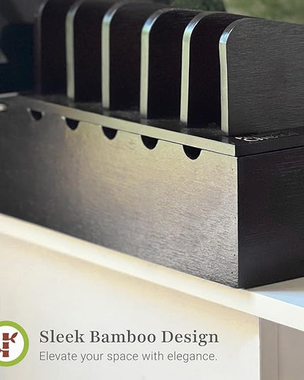 Prosumer's Choice Charging Station for Multiple Devices - 5 Device Charger Organizer for Smartphones and Tablets - Wooden Rack with Removable Dividers - Charging Dock for Work from Home - Black