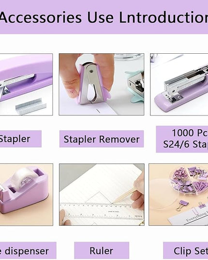 suniya Office Supplies,Desk Accessories,Tape Holder,Stapler,Scissor,Staple Remover,Box of Binder Clips,Staples,Ballpoint Pen,Sticky Notes,Clear Tape,Ruler,Office Supplies Set Purple