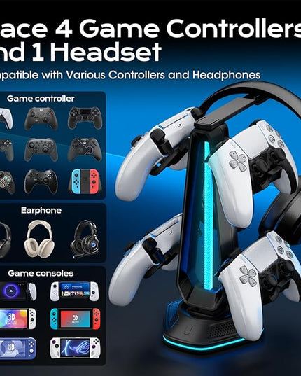 Saitake RGB Controller Holder with 9 Light Modes,Controller Stand with 2 USB Ports,Headset Stand for Desk-Headphone Holder Suitable for All Headphones and Controllers