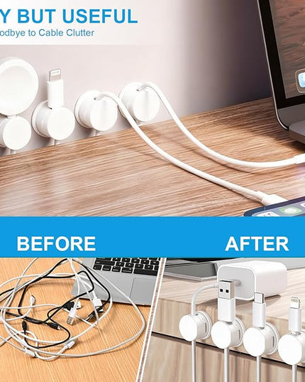 6pcs Magnetic Cable Clips, 360° Swiveling Adhesive Cable Organizer - Compact Cable Holder for Desk, Nightstand, Car, Kitchen & Home Office - Charger Cord Holder Solution by MarLigavid (White)