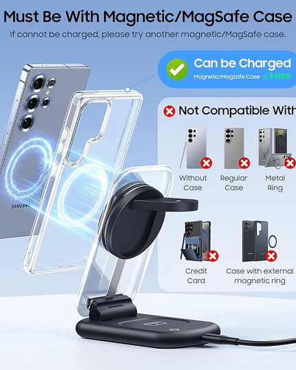 3 in 1 Magnetic Wireless Charger for Samsung, Foldable MagSafe Wireless Charging Station for Samsung Galaxy S25 S24 Ultra/Z Fold7/Z Flip7/6/5, Watch Charger for Galaxy Watch Ultra/8/7/6/5, for Buds