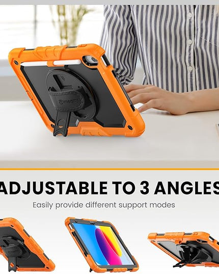 timecity for iPad (A16) 11th/ 10th Generation Case 11''/ 10.9 Inch (2025/2022) - Heavy Duty Protective Cover with Screen Protector, Stand, Shoulder Strap & Pencil Holder | Kids-Friendly - Orange