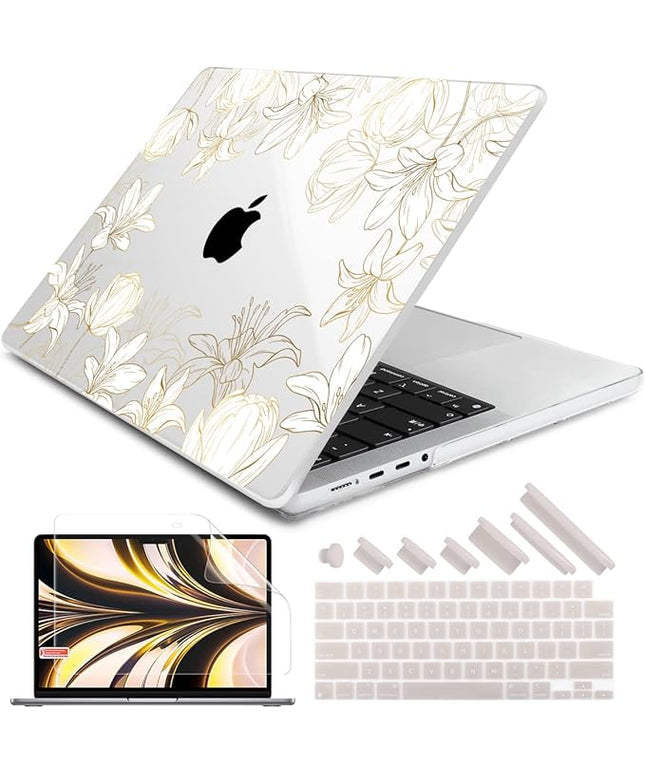 DONGKE Case for M5 MacBook Pro 14 inch 2025 2024-2021 M4 M3 M2 M1, Plastic Hard Shell Cover Compatible with A3434 A3112 A3401 A3185 A2992 A2779 A2442, Retina XDR Display & Touch ID, Golden Floral