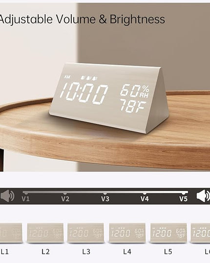 Digital Alarm Clock, with Wooden Electronic LED Time Display, 3 Alarm Settings, Humidity & Temperature Detect, Wood Made Electric Clocks for Bedroom, Bedside (White)