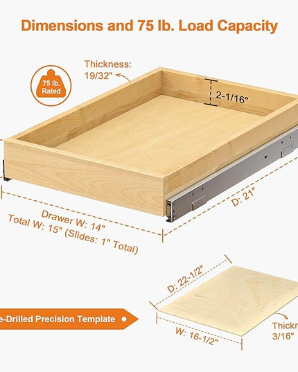 ALINE FURNITURE Pull Out Drawers for Cabinets Birch Wood, 15" W X 21" D Soft Close Slide Out Shelves for Kitchen Cabinets, Pullout Drawer for Pantry Cabinet Organizer