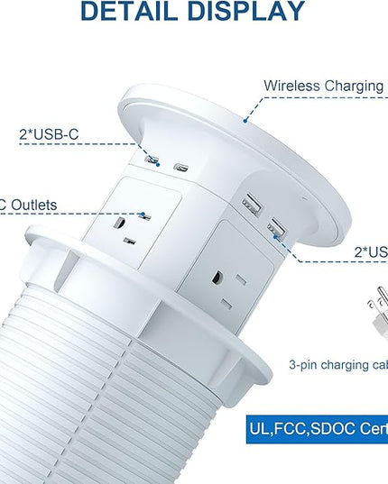9-in-1 Pop-Up Outlet with Wireless Charging – 4 AC & 4 USB Ports, 2500W Overload Protection, 100-240V Global Voltage, 4-1/8" Cutout – Hidden Countertop Power Hub for Kitchen, Office, etc.（2-Pack）