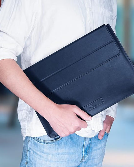 INVZI MacBook Sleeve, Vegan Leather Bag Compatible with 13”/14" MacBook Air, MacBook Pro M1/M2 2018-2022, Compact Design with Invisible Stand (Midnight Blue)