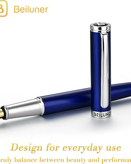 BEILUNER Luxury Fountain Pen Set,Solid 24K Gilded Medium Nib, Modern Classic Limited Edition -Includes 6 Ink Cartridges&Ink Refill Converter with Gift Case-Perfect for Men and Women（Charming blue）