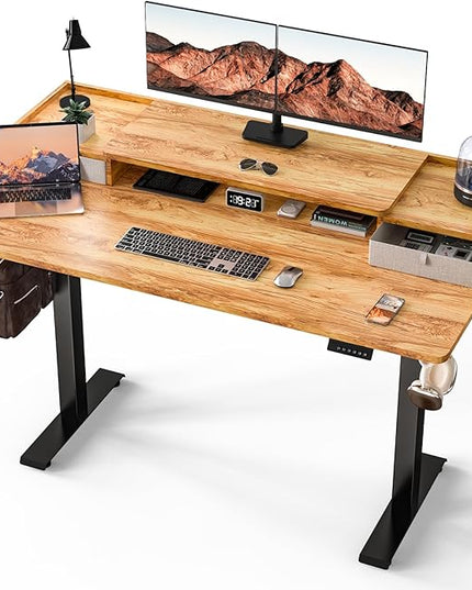 Kingant 63 x 30 Inch Standing Desk with Drawers, Adjustable Height Electric Sit Stand Desk with Storage Shelf, Rising Stand Up Computer Desk for Home Office Workstation, 3 Preset Heights(Light Rustic)