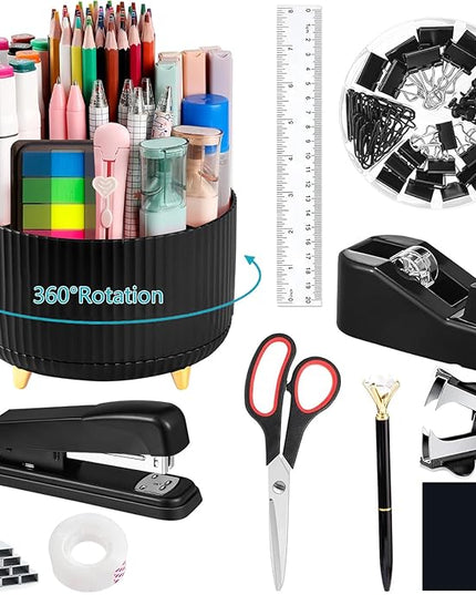 suniya Office Supplies,Desk Accessories,with Stapler,Tape Dispenser,Staple Remover,Scissor,Ballpoint Pen,Sticky Notes,Clear Tape,Staples,Desk Organizer,Ruler,Binder,Best Gift Set(Black)