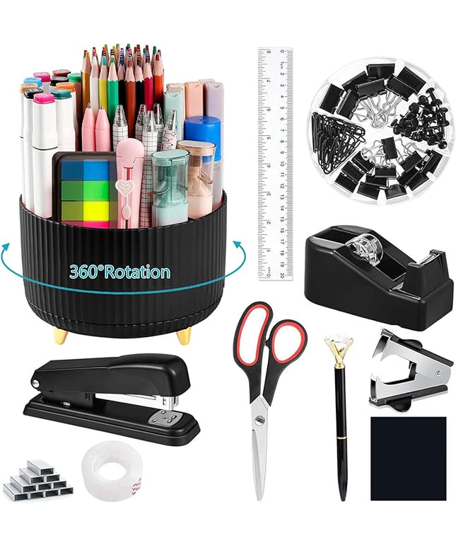 suniya Office Supplies,Desk Accessories,with Stapler,Tape Dispenser,Staple Remover,Scissor,Ballpoint Pen,Sticky Notes,Clear Tape,Staples,Desk Organizer,Ruler,Binder,Best Gift Set(Black)