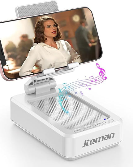 JTEMAN Portable Phone Stand with Speaker Bluetooth Wireless,Gifts for Men Women,Birthday for Women,Kitchen Gadgets for Men,Phone Holder for Desk - White