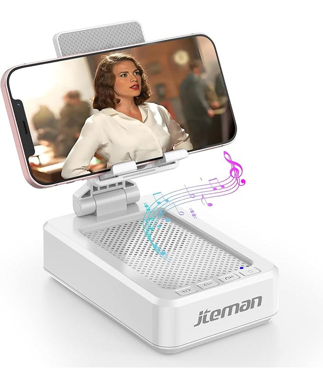 JTEMAN Portable Phone Stand with Speaker Bluetooth Wireless,Gifts for Men Women,Birthday for Women,Kitchen Gadgets for Men,Phone Holder for Desk - White