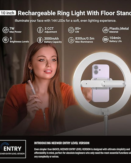 NEEWER Entry Level Version 10" 7W LED Ring Light with Stand/Phone Holder Mount/3 Color Modes, 69" Telescopic Selfie Ringlight, Lighting for iPhone Streaming Makeup Lash Studio Video Recording, N18