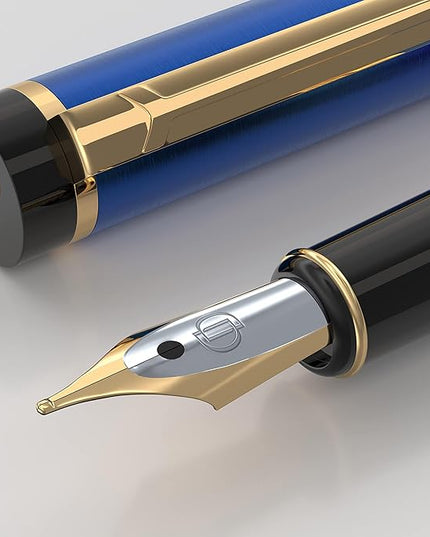Dryden Designs Fountain Pen. Medium Nib Premium Box | 6 Ink Cartridges Included (Mysterious Blue)