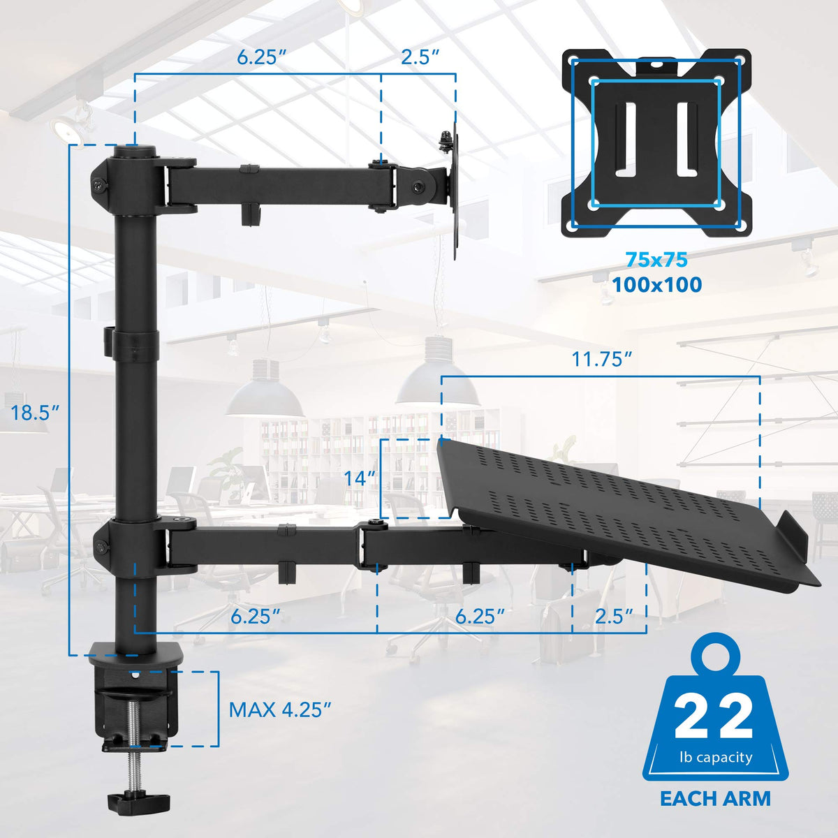 Mount-It! Laptop and Monitor Desk Mount with Adjustable Arms, Laptop Tray for Laptops up to 17" and Monitors 13–27", VESA 75x75 100x100 Compatible, Dual Arm Stand with Clamp or Grommet Base