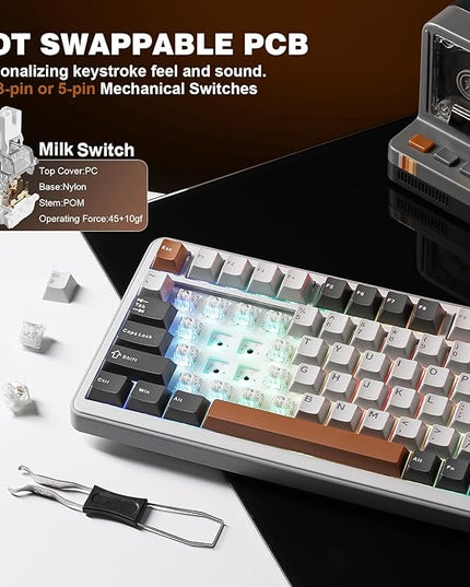YUNZII B75 PRO Wireless Mechanical Keyboard,75% Layout with Knob,Hot Swap Gasket Custom Structure,Creamy Pre-lubed Switches,RGB Backlit,Bluetooth/Type-C/2.4G for Win/Mac(Milk Switch,Grey)
