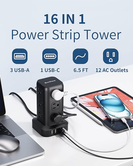 Surge Protector Power Strip 6.5 FT Cord, Power Strip Tower with 4 USB Ports (1USB C), Extension Cord with 12 AC Multiple Outlets, Home Office Supplies Desk Accessories, Dorm Room Essentials