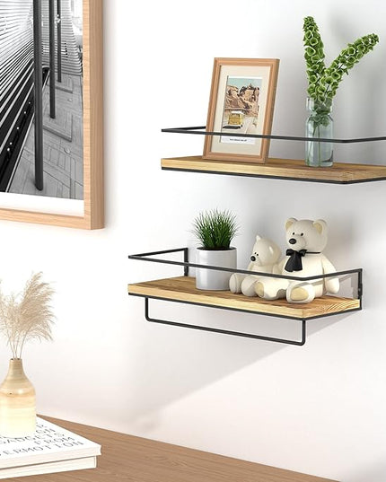 ZGO Floating Shelves for Wall Set of 2, Wall Mounted Storage Shelves with Metal Frame and Towel Rack for Bathroom, Kitchen, Bedroom(Wood)