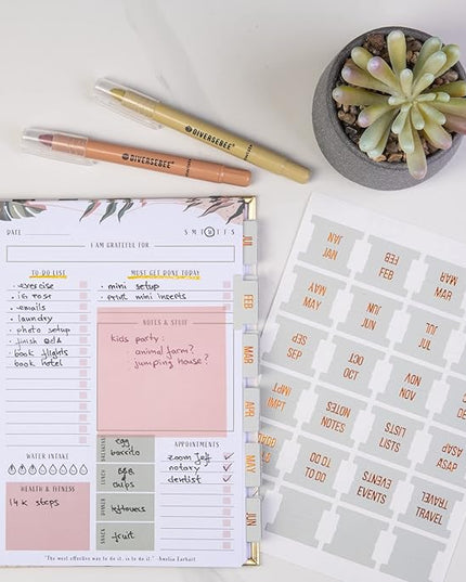DiverseBee Gold Foil Planner Monthly Tabs, 24 Peel and Stick Laminated Tabs for Notebooks (12 Month and 4 Blank), Calendar Stickers for Planners, Dividers (Jade)