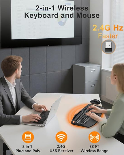 Wireless Keyboard and Mouse Combo, 2.4G Full Size Wave Keys Ergonomic Keyboard with Wrist Rest, Phone Holder, 3-Level DPI Wireless Silent Mouse with 6-Buttons, for Windows/Mac OS/Laptop(Orange Black)