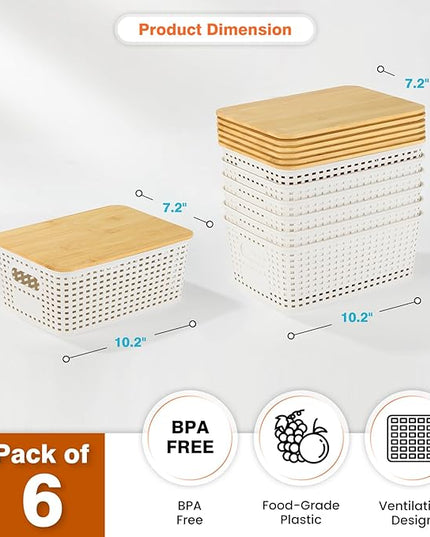 Plastic Storage Baskets With Bamboo Lid - Plastic Storage Containers Stackable Storage bins: Storage Baskets for Organizing Shelves Drawers Desktop Closet Playroom Classroom Office, 6 Pack