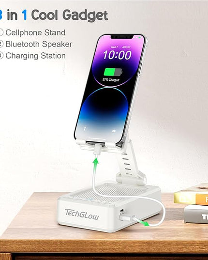 TechGlow Foldable Cellphone Stand with Bluetooth Speaker and Charging Function Birthday Gifts for Men Women Mother Father Brother Sister Teens Cool Tech Gadgets-White