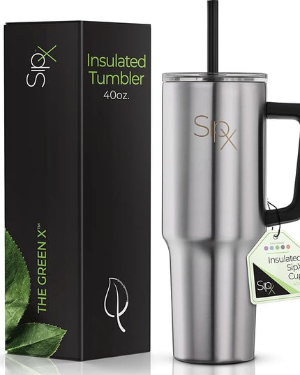 SIPX™ 40 oz Insulated Tumbler with Handle & Straw – Vacuum Insulated Stainless Steel, Leakproof, Cupholder Friendly – Perfect for Iced Coffee, Water & Travel – Stainless