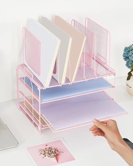 LEKETREE Desk Organizers and Accessories, 3-Tier Paper Organizer with 5 Vertical File Holders, File Organizer for Desk (Pink, 3T)