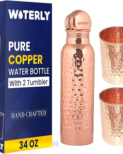Hammered Copper Water Bottle (34 Oz /1000ml) With Set Of 2 Tumbler (10 Oz/300ml Each) | Best use for Office,Gym & gifts |100% Pure Copper Material with Leak proof Quality Made In India