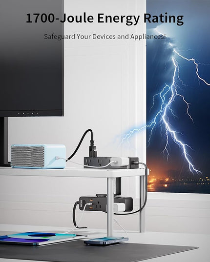 Dual Layer Desk Clamp Power Strip & Surge Protector: 17 Outlets + 7 USB (3 USB-C) Charging Station, Space-Saving Under Desk Organizer with 10ft Extension Cord, 1700J Protection (Black)