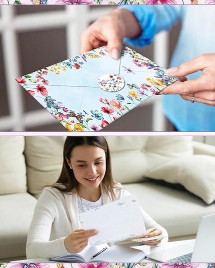 TaoBary 160 Pcs Stationery Paper Set 50 Double Sided Stationery Papers with 50 Matching Envelopes and 60 Round Dot Sticker, 10 Design(Wildflower,8.5 x 11 Inch)