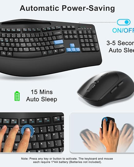 Wireless Keyboard and Mouse Combo, 2.4G Full Size Wave Keys Ergonomic Keyboard with Wrist Rest, Phone Holder, 3-Level DPI Wireless Silent Mouse with 6-Buttons, for Windows, Mac OS, Laptop (Blue Black)