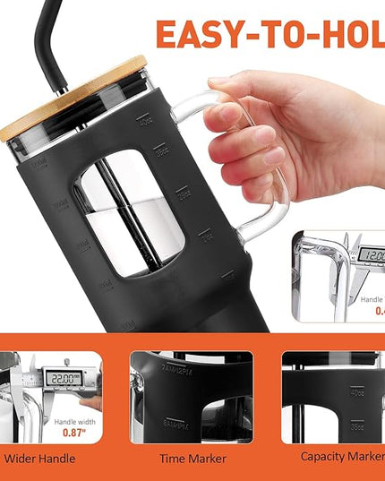 Glass Tumbler with Straw and Lid, 40 oz glass cup with handle, Glass Water Bottles with Time Marker, Silicone Protective Sleeve-Black
