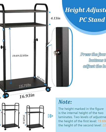 Height Adjustable Computer Tower Stand, PC Stand 3-Tier Mobile CPU Holder Cart Under Desk with Locking Caster Wheels for Office Home Gaming Accessories
