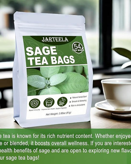 Jarteela - Sage Tea Bag, 1.5g x 54 Count - Natural Sage Leaf Salvia Officinalis Tea Bag - Non-GMO - Caffeine-free Herbal Tea -Support Digestion & Healthy Skin